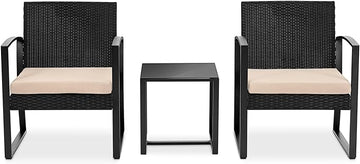 SereneLife Patio Outdoor Furniture, 3 Pcs. Per Set-includes 2 Single Chairs with Soft Cushion and 1 Glass-top Coffee Table, Black Weather-Resistant Resin Wicker Rattan, Brown
