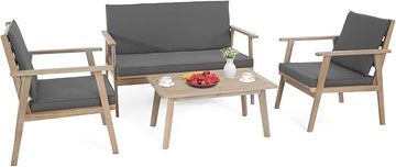VINGLI Outdoor Patio Furniture, 4 Piece Acacia Wood Sofa Set w/Coffee Table, Patio Table and Chairs Set for Deck, Balcony, Backyard (Light Natural)