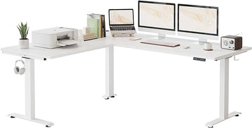 FEZIBO 75 Inches, Supports over 300mlbs,L Shaped Standing Desk Reversible, Electric Height Adjustable Corner Stand up Desk, Sit Stand Desk Computer Workstation, White Frame/White Top