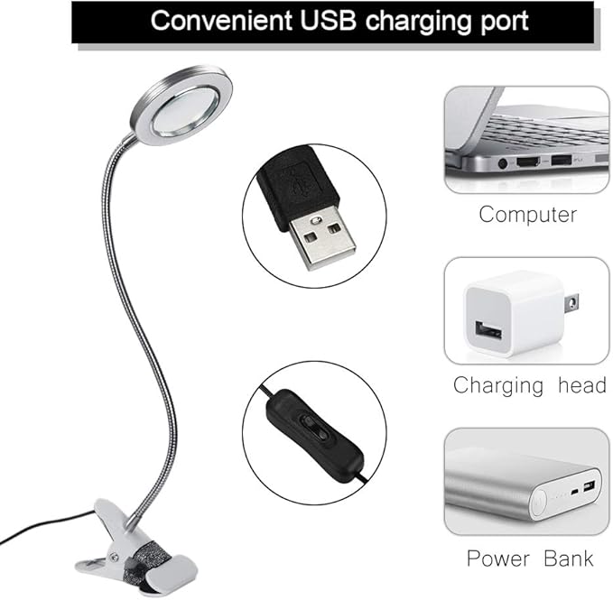 ATOMUS 2.5X Magnifying Lamp, LED USB Rechargeable Tattoo Beauty Magnifier Lamp with Metal Clip for Eyebrow Tattoo Manicure Eyelash Extension Read