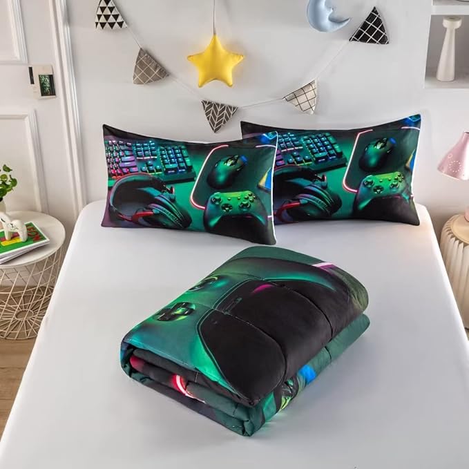 Gamer Comforter Sets for Teen Boys,Gaming Bedding Sets Queen,Video Game Bedspread,Game Gamepad Bed Set,Controller Bedding Gamer Home Decor 3 Piece 1 Comforter and 2 Pillowcases