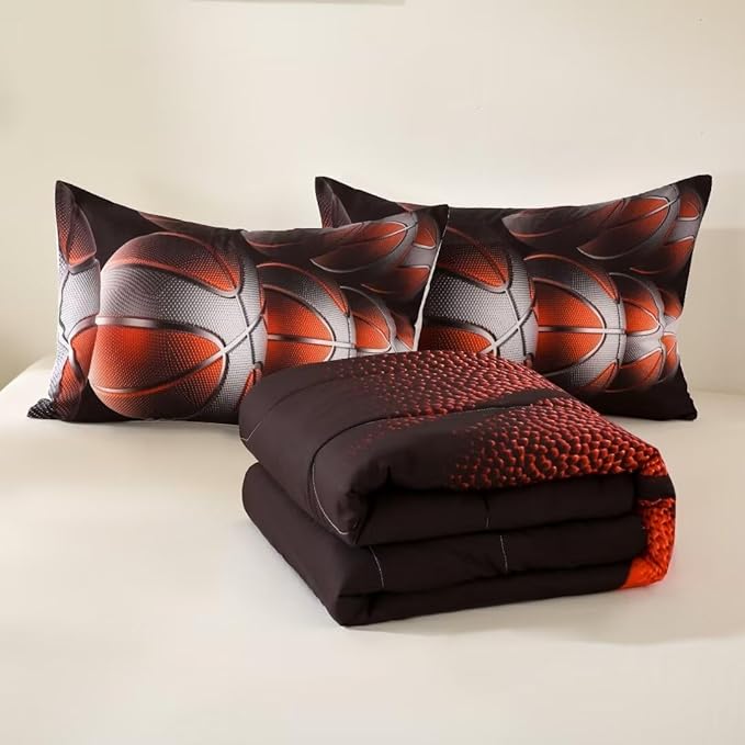 Teens Boys Sports Comforter Set Full,Basketball Bedding Set for Kids,Sports Orange Basketball Comforter Sets,Black Teenage Boy Bedroom Bed Set 3 Pieces with Pillowcases