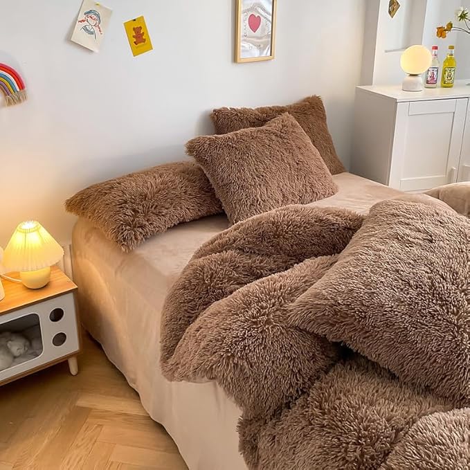 Faux Fur Kids Girls Coffee Comforter Sets Queen - 3PC Bed Set Warm Comfortable Soft Plush Flannel Velvet Fluffy Fuzzy Bedding（Comforter x 1 Pillowcases x 2）
