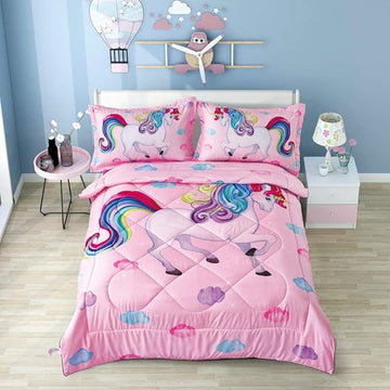 Wowelife Unicorn Bedding Set Twin for Girls Comforter Set Twin 5 Pieces Pink Bedding Set for Girls Rainbow Cloud Unicorn Bed Set Twin Kids Bed in a Bag with Sheets, Super Breathable Soft