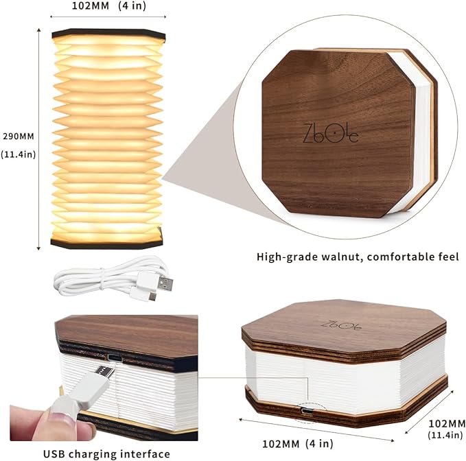 Originality Folding Accordion Lamp, Portable Wooden Desk Lamp, Ambient Lighting, Creative LED Paper Lantern with USB for (Walnut)