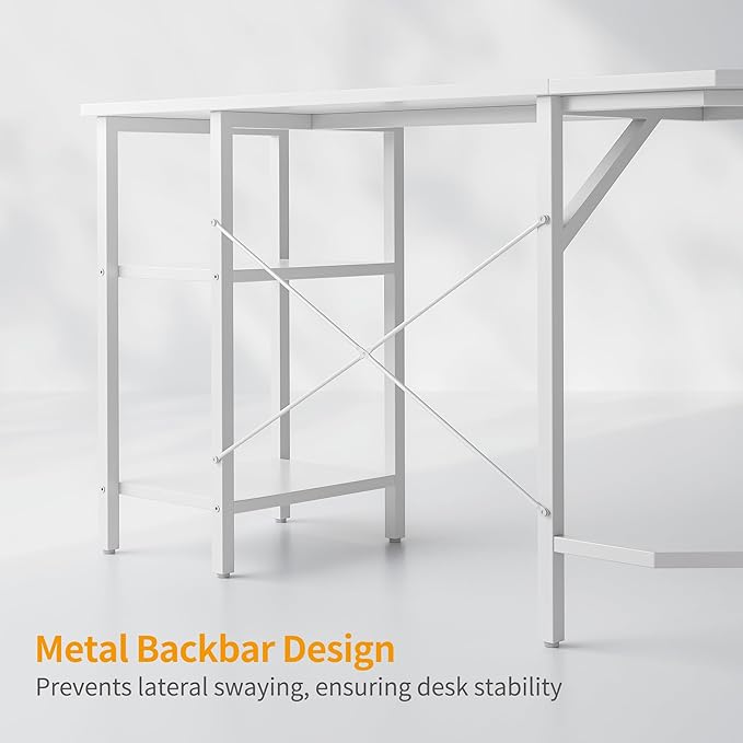 BANTI L Shaped Desk with Shleves, 58 inch Large Corner Desk with Two Storage, Space Saving, Easy to Assemble, White