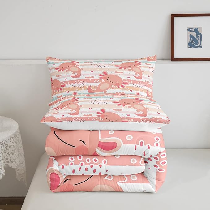Cute Axolotl Comforter Set Twin Size Rainbow Stripes Quilt Set Animal Theme Bedding Comforters 2pcs for Kids Teens Room Decor,Pink Romantic Soft Duvet Set with 1 Pillowcase