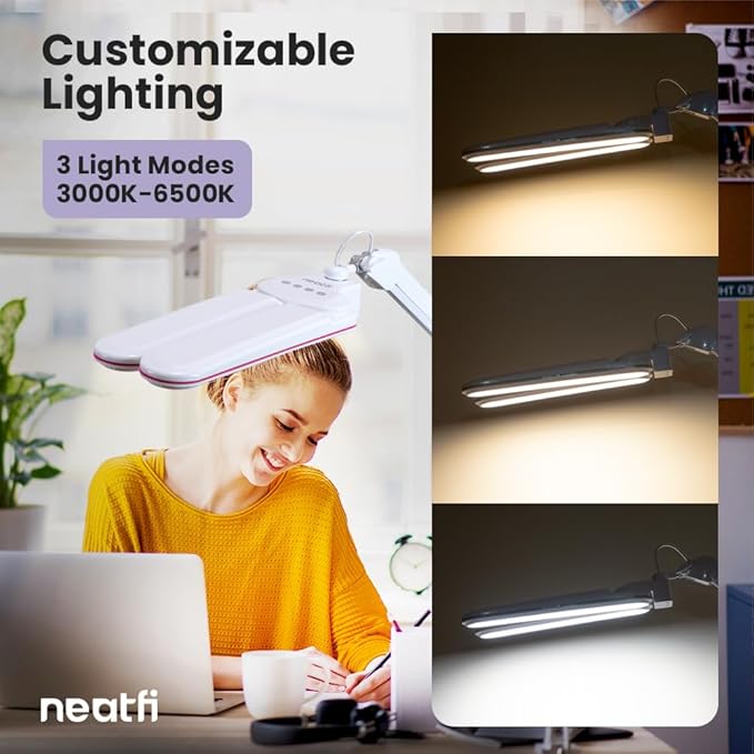 Neatfi Elite HD XL Task Lamp, 3 Light Modes, 90PCS SMD LED, Super Bright Desk Lamp, Eye-Caring LED Lamp, Non-Polar Dimming, Adjustable Brightness Levels (CCT with Clamp, Pink Ring, 17 Inches)