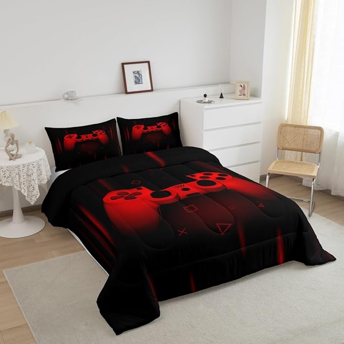 Feelyou Queen Comforter Set for Boys Gamer Bedding Set for Boys Kids Gaming Comforter Red Black Teen Child Gamer Room Decor Soft Game Geometric Duvet Quilted 1 Comforter with 2 Pillowcases Gamer Gifts