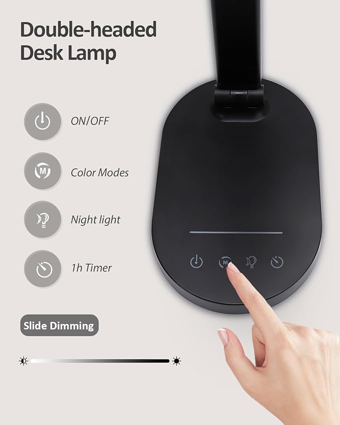 LED Desk Lamps for Home Office, 14W Double Swing Arm Desk Lamp with USB Charging Port, Eye-Caring Architect Task Lamp, Touch Control Desktop Lamp with Night Light Table Light for Work Study Craft