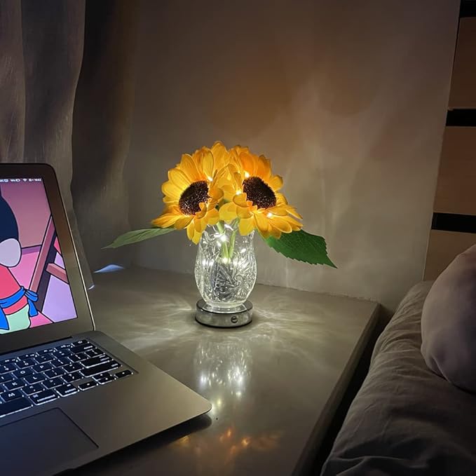 Sunflower Lamp Artificial LED Sunflower Flowers with Glass Vase Table Lamp Night Light for Home Office Decor House Decorations Gift Idea - Rechargeable (3Sunflower)