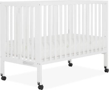 Quinn Full-Size Folding Crib In White, Removeable Wheels, Modern Nursey, Adjustable Mattress Support, Portable Crib, Patented Folding System