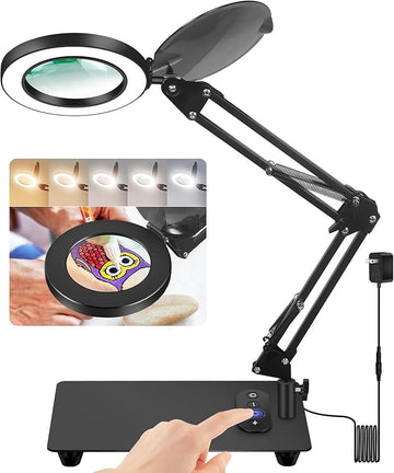 Magnifying Glass with Light with Base Controler, 5 Color Modes Stepless Dimmable LED Lighted Desk Lamp,Magnifying Glass with Light and Stand, Hands-Free Desk Magnifier Light for Craft Hobby Painting