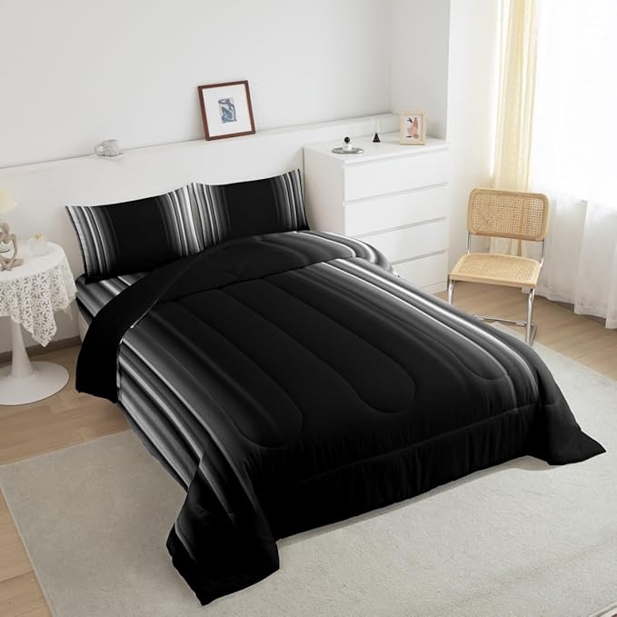 Feelyou Geometric Abstract Ombre Bedding Set Men Adults Teens Grey Gray Black Striped Comforter Set Kids Boys Girls Simple Modern Quiltwith 2 Pillowcases 3Pcs Bedding King Boys