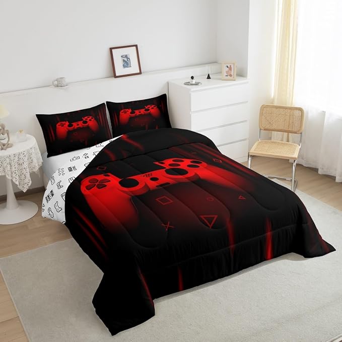 Feelyou Twin Comforter Set for Boys Gamer Bedding Set for Boys Kids Gaming Comforter Red Black Teen Child Gamer Room Decor Soft Game Geometric Duvet Quilted 1 Comforter with 1 Pillowcase Gamer Gifts