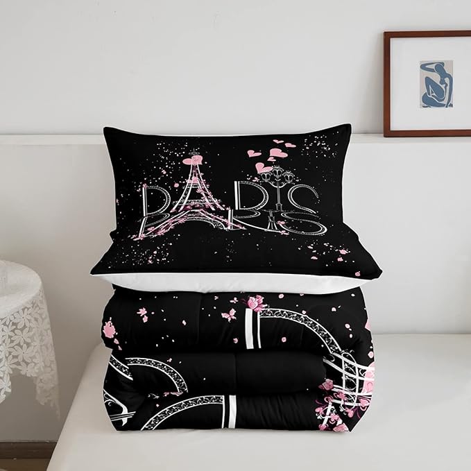 Eiffel Tower Comforter Set Chic Paris Bedding Set Romantic Theme Comforter for Boys Girls Children Teens Black Pink Bedroom Decor Modern French Style Duvet Set Full Size with 2 Pillow Case