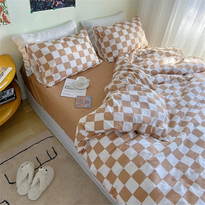 Wellboo Light Brown Plaid Comforter Sets California King Women Men Cream Coffee and White Checkerboard Grid Bedding Comforters Cal King Cotton Boys Girls Modern Light Taupe Checkered Geometric Quilts