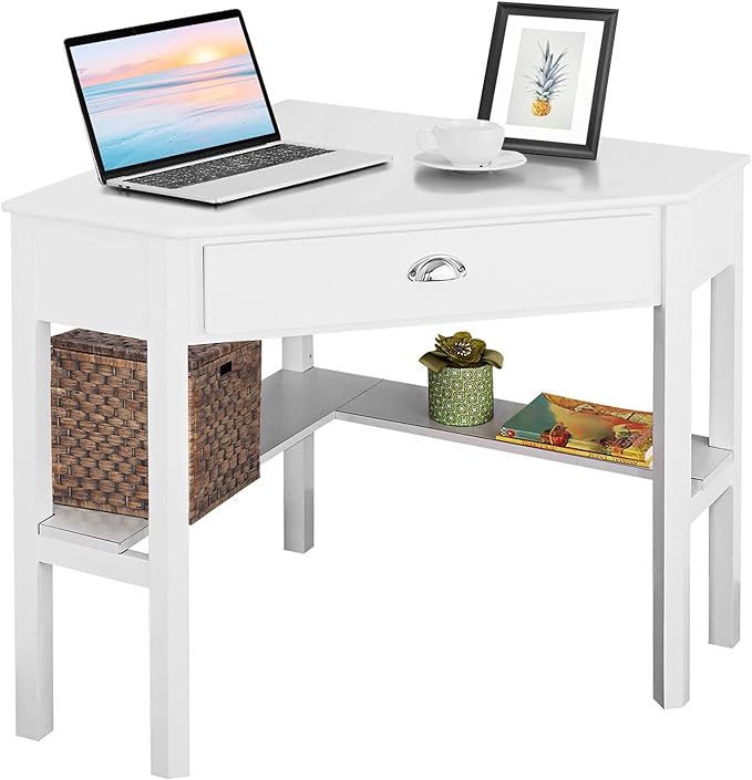 Nightcore Small, Wood Computer Desk, Compact Writing w/Drawer & Storage Shelves, Space Saving Study Workstation, Laptop PC Corner Table, White