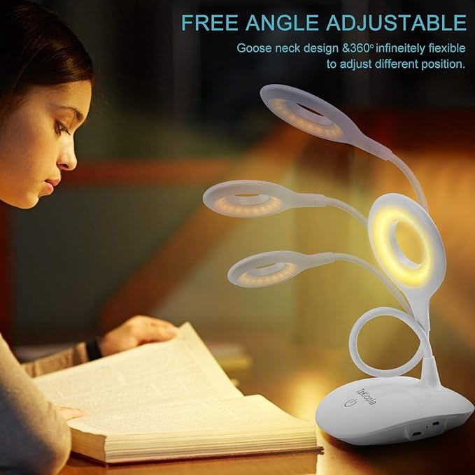 LED Desk Lamp Dimmable Table Light, 3 Modes, Stepless Brightness, Sensitive Control, Flexible 360° Adjustable Eye-Caring Office Read Lamp, Cordless USB Desk Light, White
