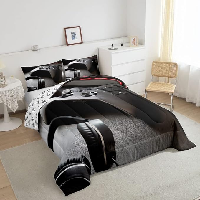 Feelyou Gaming Bedding Set Boys Game Controller Comforter for Kids Girls Teens Modern Gamer Headset Comforter Set Youth Gaming Console Video Game Decor Duvet Set with 2 Pillow Case King Size Black