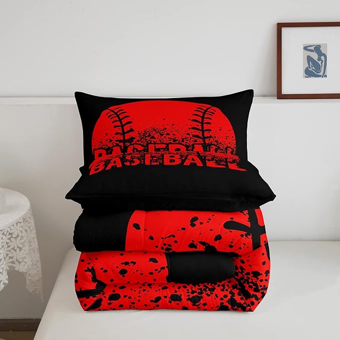 Baseball Comforter Set Full Size Kids Red Black Sports Quilt Bedding Set For Boys Girls,Reversible Black Bedding Comforter Sets Soft Lightweight For All Season,1 Comforter And 2 Pillow Cases