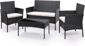 MoNiBloom 4 Pieces Patio Furniture Sets, Non Slip Foot Pads Wicker Rattan Sofa Chair with Soft Cushions and Sturdy Coffee Table for Backyard Porch Garden Poolside Balcony, Capacity 250 lbs, Black
