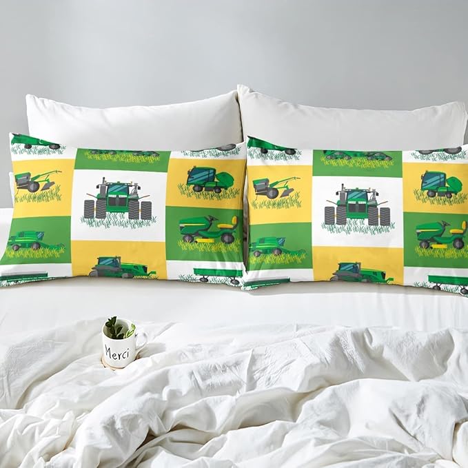 Boys Cartoon Truck Car Down Comforter King Size Kids Construction Vehicles Tractor Comforter Set for Kids Children Farm Excavator Bedding Set Construction Site Cars Duvet Set, Green Yellow