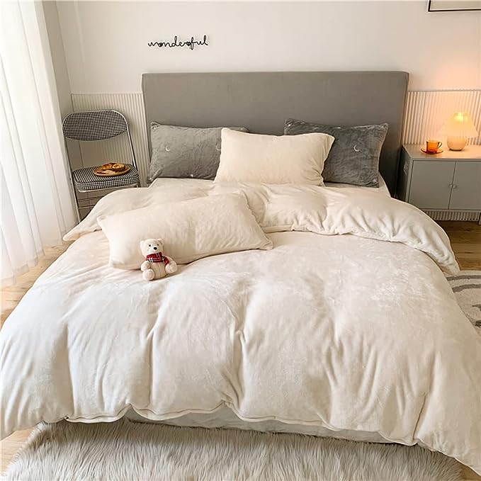 Wellboo White Velvet Comforter Sets Full Boys Girls Solid White Fluffy Bedding Comforters Plain White Flannel Plush Quilts Women Men All White Winter Blanket Aesthetic Micromink Sherpa Bedding Durable