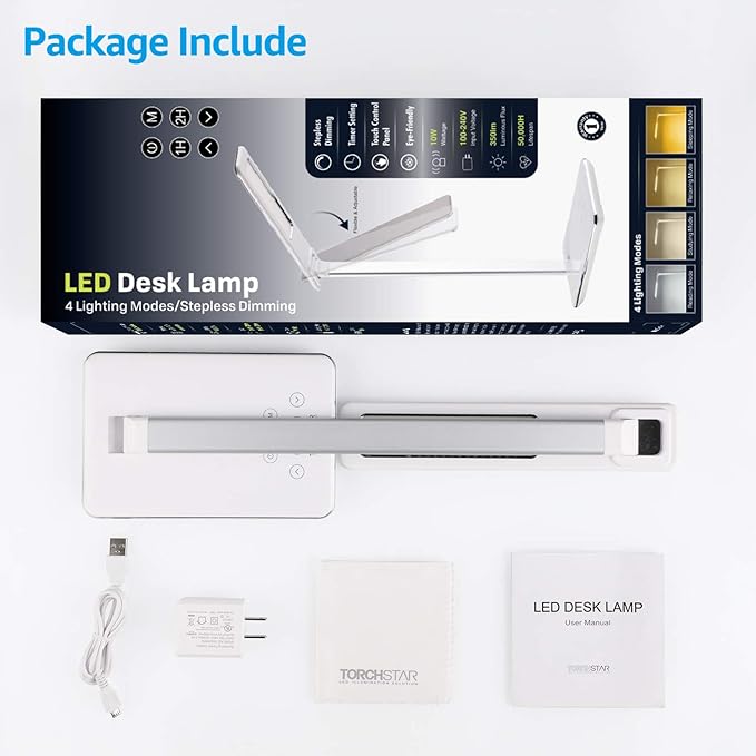 TORCHSTAR LED Desk Lamp, Dimmable Desk Lights for Reading, Table Lamps with USB Charging Port, Touch Control, 3 Color Modes, Fully Adjustable Brightness, Dorm Room, 1 & 2 Hour Auto Timer, White