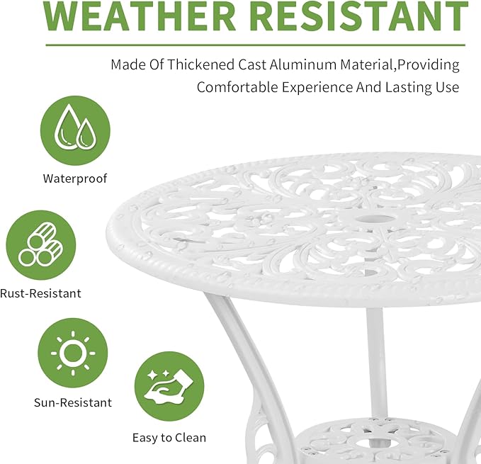 Patio Bistro Set 3 Piece Cast Aluminum Outdoor Bistro Set, Rust Resistance Bistro Table and Chairs of 2 with Umbrella Hole, Small Patio Set for Garden Outside, White