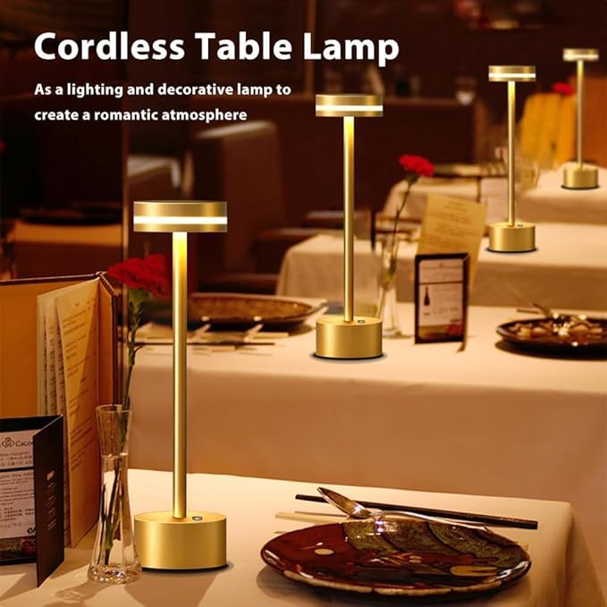 Cordless Metal Desk Lamp,Portable LED Table Lamp with Touch Sensor,3 Color Rechargeable Lamp,3-Levels Brightness Lamp,Night Light for Kids Nursery,Bedside Lamp,Dining Room Lamp (Gold)