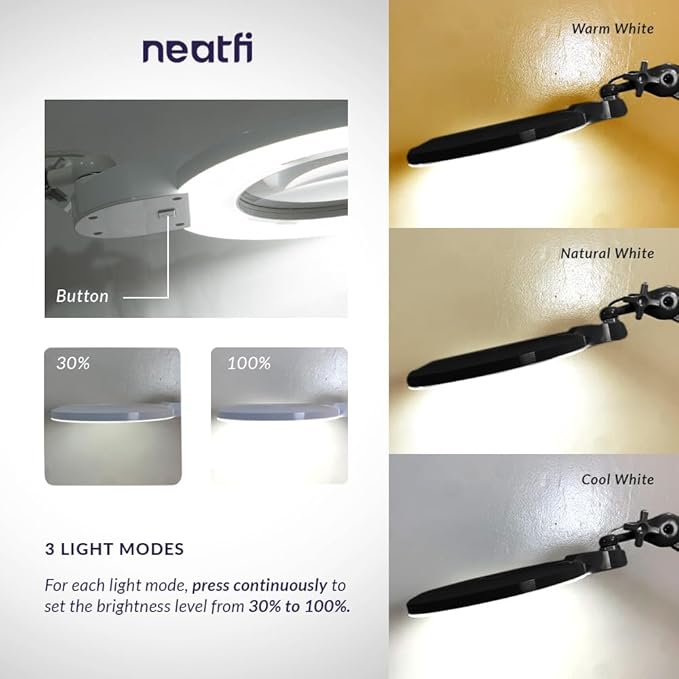 Neatfi XL Bifocals 1,200 Lumens Super LED Magnifying Lamp with Clamp, 3 Light Modes, Correlated Color Temperature Control (3000K-4500K-6000K), 12W, 120 Pcs SMD LED (Black, 6 Inch Lens)