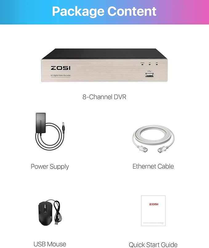 ZOSI 8CH 3K Lite Home Security DVR with 2TB HDD,AI Human/Vehicle Detection,Remote Access,Alert Push,H.265+ Hybrid 4-in-1 Wired Surveillance DVR for HD-TVI, CVI, CVBS, AHD 960H/720P/1080P CCTV Cameras