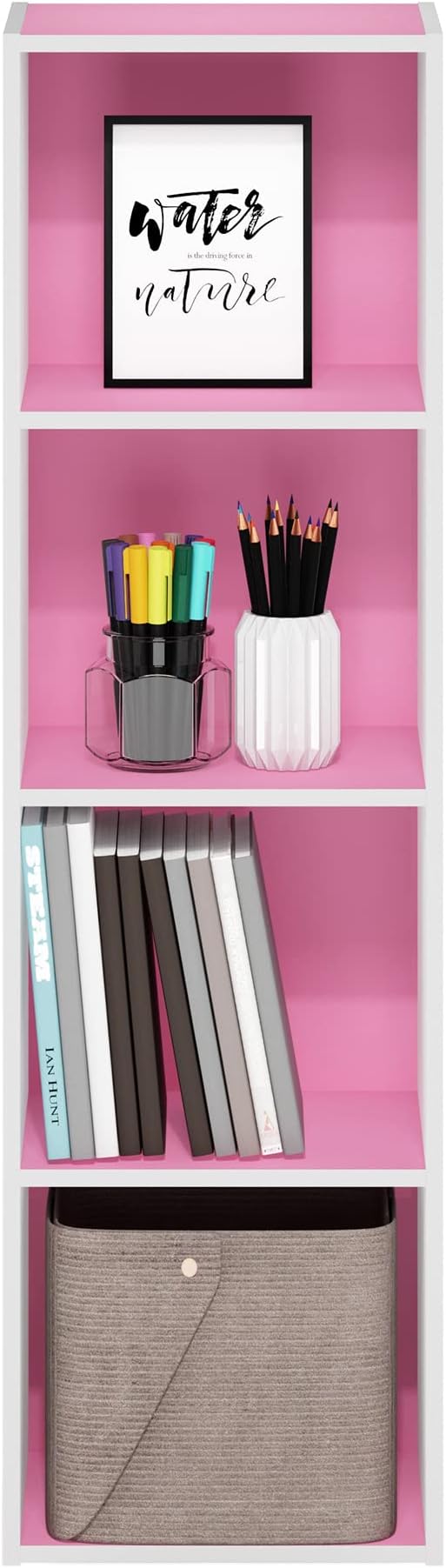 Furinno Luder Bookcase / Book / Storage, 4-Tier Cube, Pink/White