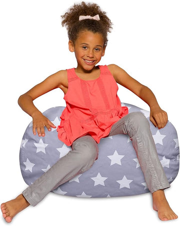 Posh Creations Bean Bag Chair for Kids, Teens, and Adults Includes Removable and Machine Washable Cover, Canvas White Stars on Gray, 27in - Medium