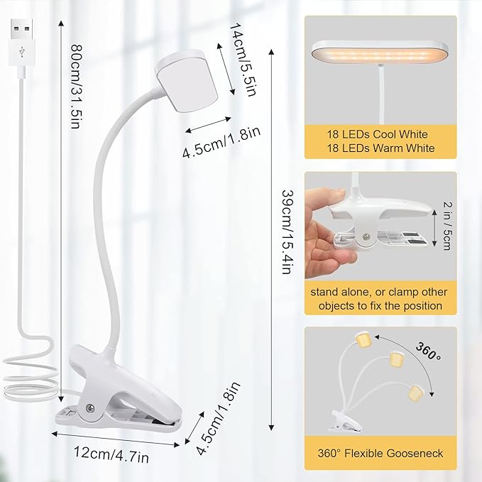 Clip on Light Reading Lights, 36 LED USB Desk Lamp with 5 Color 5 Brightness, Eye Protection Book Clamp Light, Perfect for Video Conference Lighting, Desk, Bed Headboard and Computers (White)