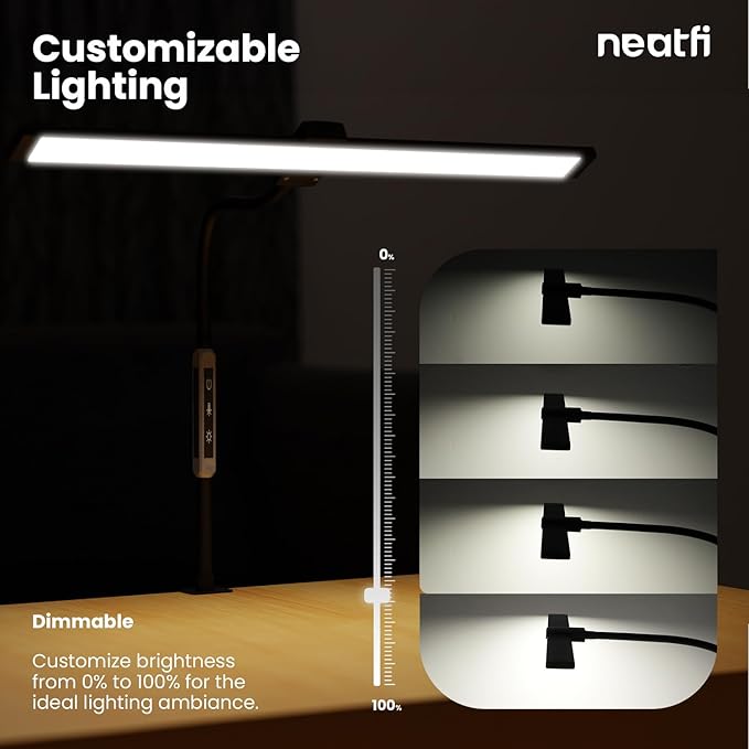 Neatfi Modern Desk Lamp with Clamp, Touch & Remote Controlled, 15W, Adjustable Color Temperature (3000K-6000K), Stepless Dimming, Flicker-Free, Wide-Angle Lighting for Home (Gooseneck, Black)