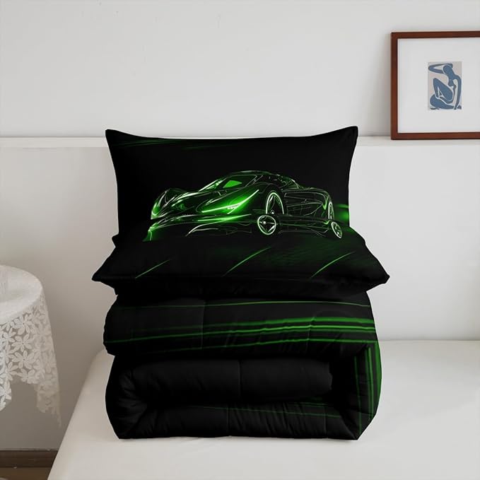 Feelyou Green Race Car Bedding Set Twin Size for Kids Boys Extreme Sport Games Comforter Set Teens Toddler Fast and Furious Duvet Set Cool Modern Quilt Set 2Pcs