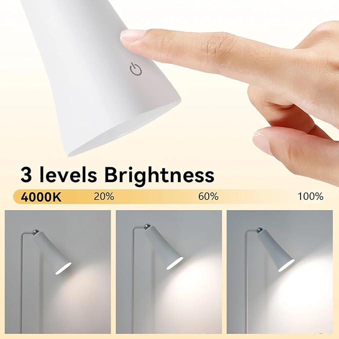 Wireless Rechargeable Desk Lamp LED Cordless Table Light Adjustable Direction Home Touch Table lamp 3 Brightness Eye-Caring Sensitive Control Bedside Light Removable Ambiance for Office Home Study