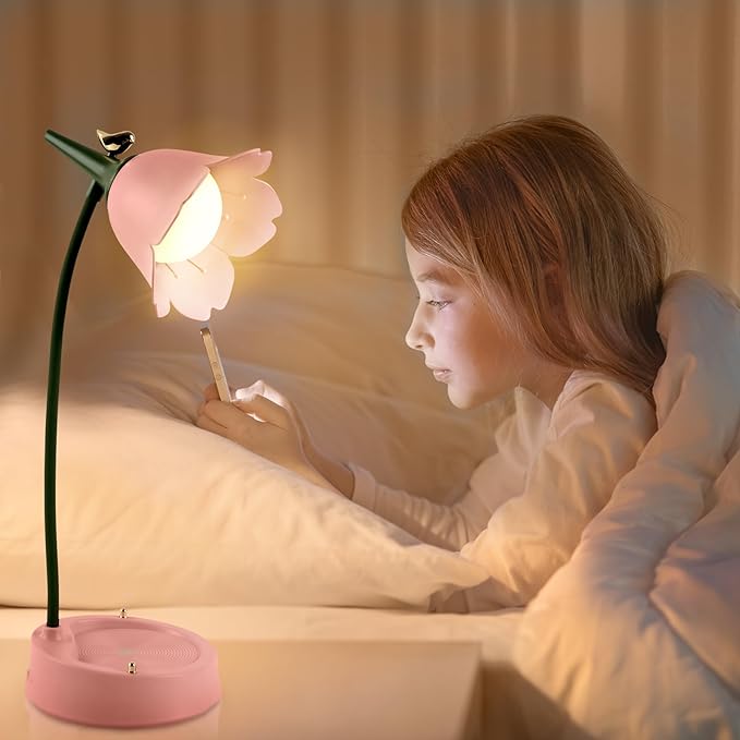 Himmel Flower Desk Lamp, Dimmable LED Kid Desk Lamp with 3 Colour Temperatures, Cordless Rechargeable Desk Lamp with Touch Sensor and Flexible Arm, USB Bedside Lamp for Reading, Learning