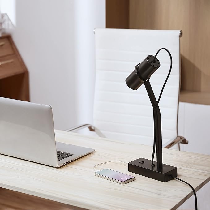 Globe Electric MRDK by Globe Series.01.TL 16" LED Desk Lamp, 2.1A Combined USB Port and USB-C Port, 5 Watts, 240 Lumens, 3000 Kelvin Warm White, Adjustable Shade, Matte Black