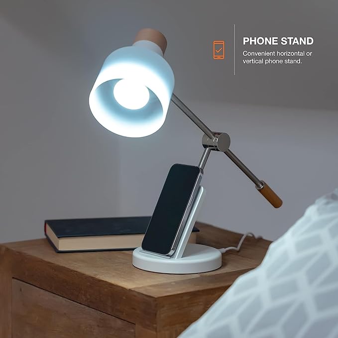 LED Desk Lamp, 180° Adjustable Desk Lamp for Home Office, Swing Arm Dimmable LED Table Lamp with Wireless Charger for Table Bedside Home Office Study, 6500K, 7W