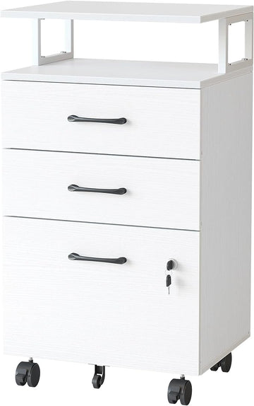 FEZIBO File Cabinet with Lock for Home Office, 3-Drawer Rolling Filing Cabinet, Home Office File Cabinet for A4/Letter/Legal Size, Printer Stand, Wooden Storage Cabinet, White
