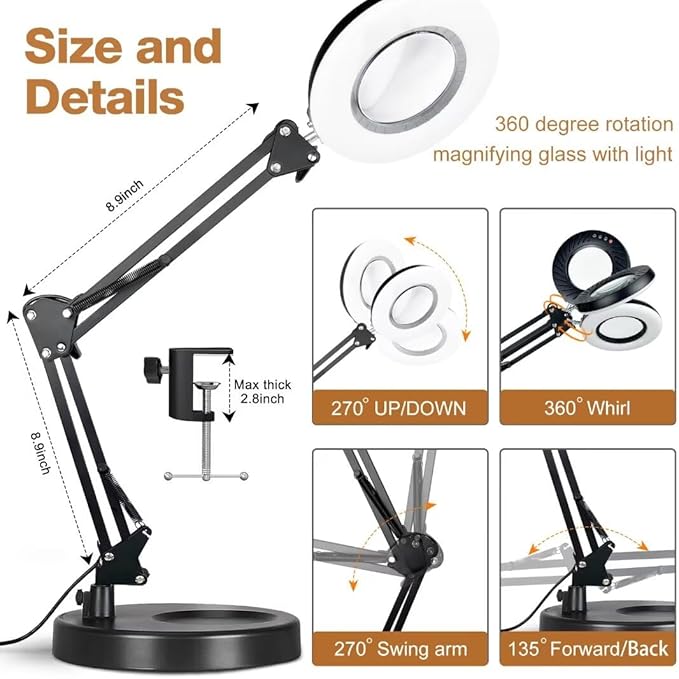 2-in-1 Large Magnifying Glass with Light and Stand-Lighted Magnifying Glass Magnifying Lamp 5 Color Modes Stepless Dimmable-Hands Free Desk Magnifying Glass with Light for Close Work Reading Repair