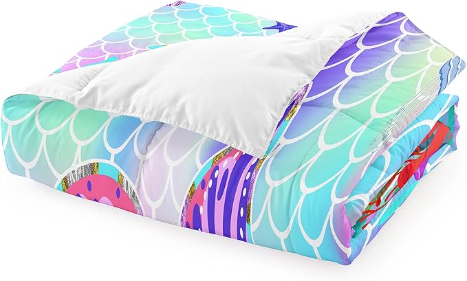 Mermaid Tail Comforter Set Twin for Kids Girls Bedroom, Rainbow Mermaid Fish Scale Comforter Set Twin Bed in a Bag, Glitter Mermaid Printed Pattern Bedding Decor 1 Comforter 1 Pillowcase