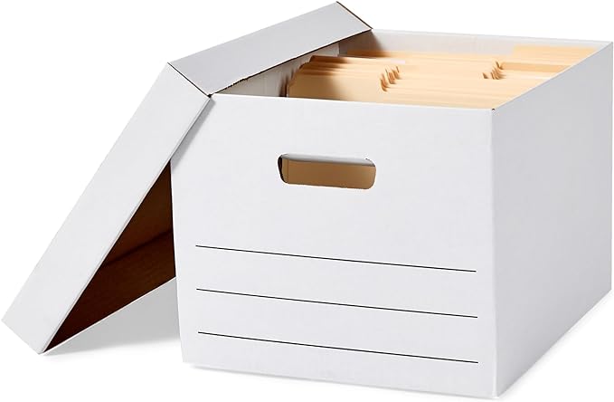 Amazon Basics Medium Duty Storage/Filing Boxes With Lid and Handles, Legal/Letter Size, 12-Pack, White, 16.2" L x 12.5" W x 10.5" H