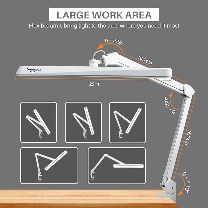 LED Architect Desk Lamp with Clamp, Metal Swing Arm 2000 Lumens Dimming Office Table Lamp for Task Work Drafting Reading Desktop, 234PCS Bright LEDs, 24W, 5 Color Temperatures Workbench Lamp