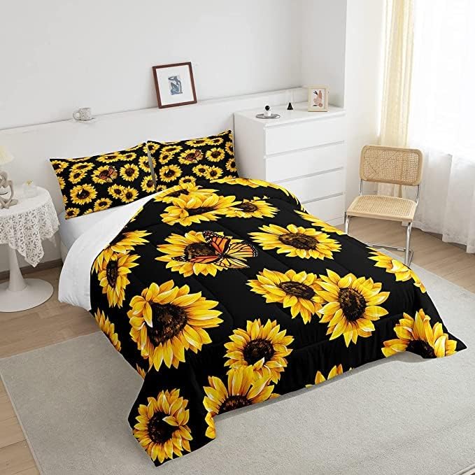 Feelyou Sunflower Bedding Set Girls Yellow Floral Butterfly Comforter Chic Flowers Comforter Set for Kids Teens Botanical Nature Duvet Set Soft Room Decor King Size Boys