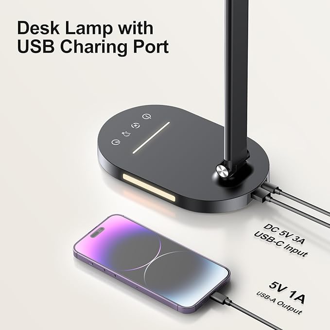 Desk Lamps for Home Office, Eye-Care LED Desk Lamp with USB Charging Port, Touch Control Table Lamp with Night Light Mode, 60 min Timer Desktop Lamp for College Dorm Room Bedroom