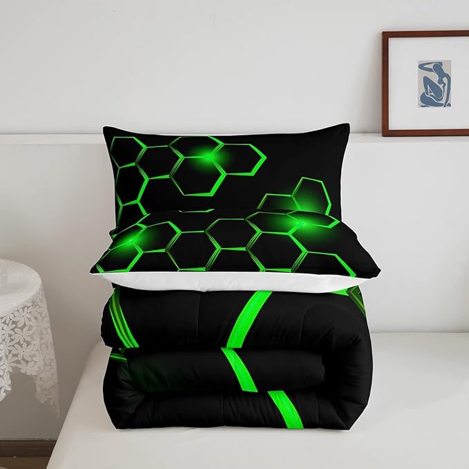 Honeycomb Kids Comforter Set Modern Geometry Hexagon Bedding Set for Boys Teens Decor Geometrical Comforter Beehive Geometric Black Green Duvet Set King Size with 3 Pillow Case Boys